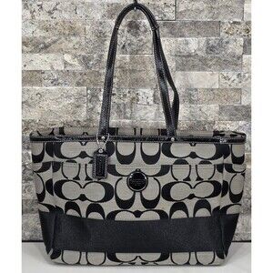 Coach Signature Stripe Diaper Bag Black Jacquard Large Tote Purse Travel F15188